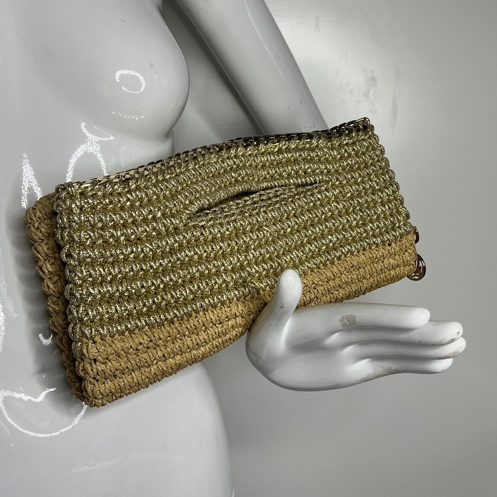 Lilly Pulitzer Beige Straw and Gold Crochet Chain Trim Hand Flat Tote Clutch Bag - Picture 2 of 9